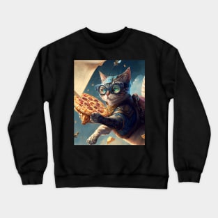 Funny Cat Flying and Delivering Pizza - Funny Digital Artwork Futuristic Art Birthday Gift Idea For Mom Crewneck Sweatshirt